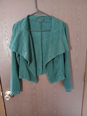 Romeo & Juliet Couture Teal Draped Suede-Look Open Front Jacket